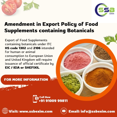 Amendment in Export Policy of Food Supplements containing botanicals