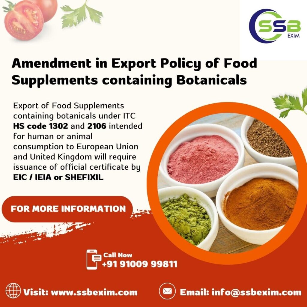 Amendment in Export Policy of Food Supplements containing Botanicals